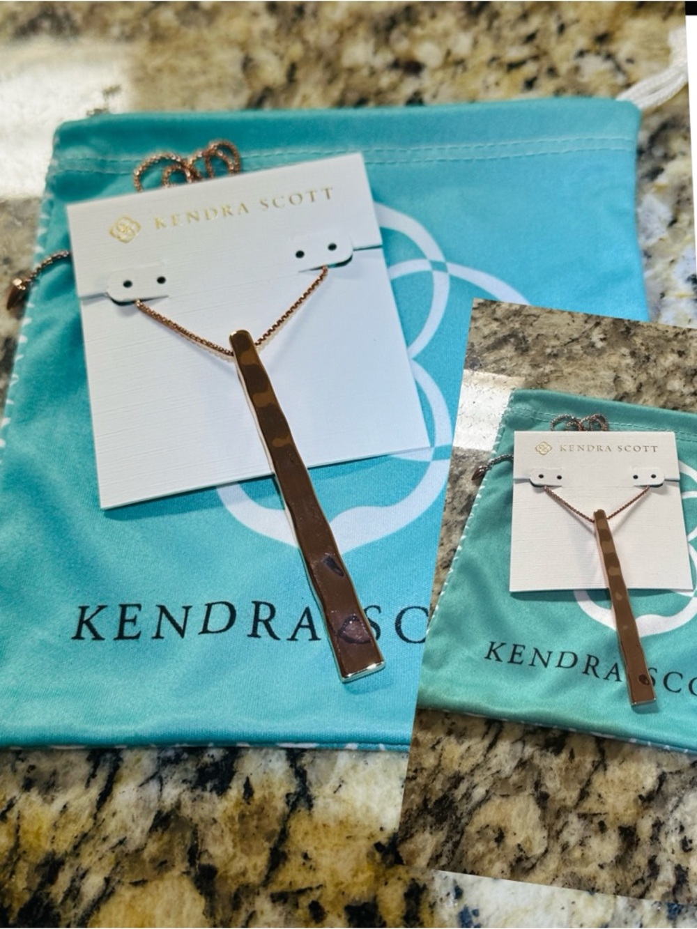 Kendra Scott Rose Gold Hammered Bar Pendant Necklace with Teal Pouch